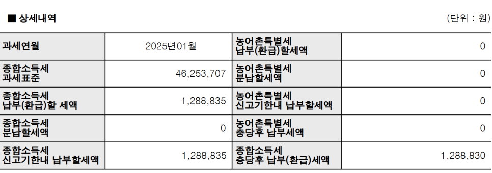 2025년 귀속 종합소득세 신고 결과 화면