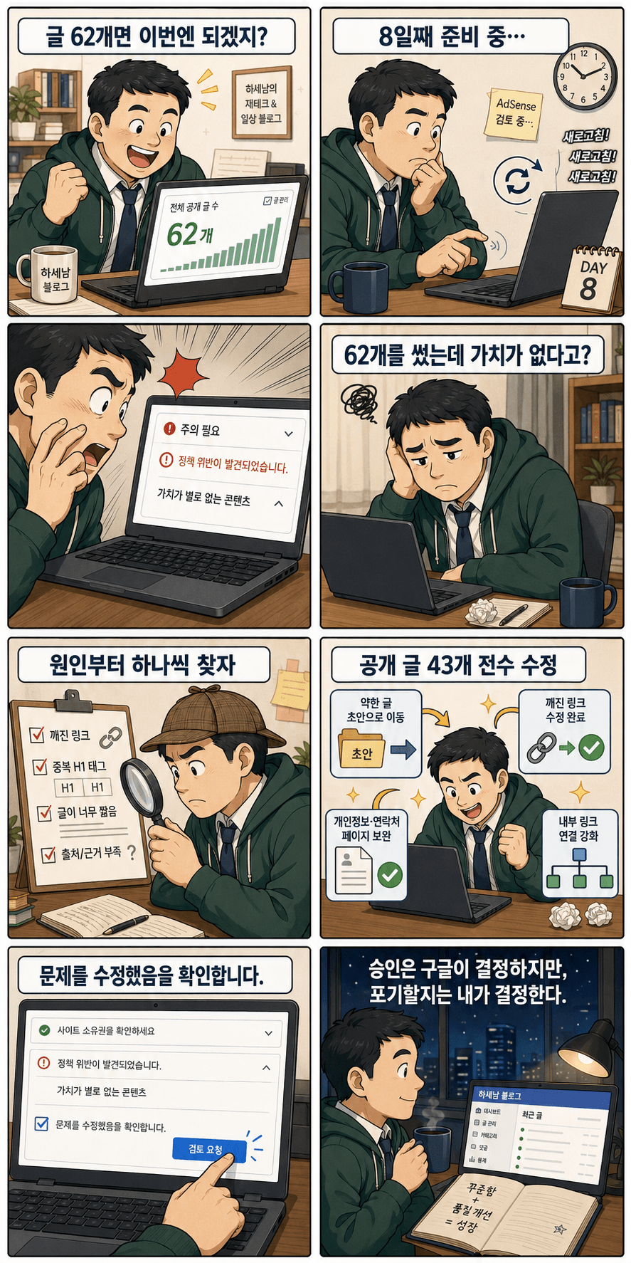 애드센스 가치가 별로 없는 콘텐츠 거절 후 62개 글을 전수 수정하고 재심사를 요청한 하세남의 8컷 만화